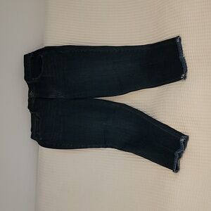 LOFT dark wash skinny crop frayed leg jeans